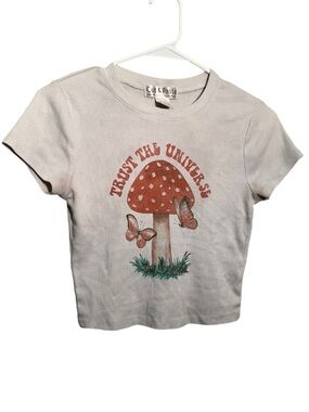 Cut & Paste Women's Size Small T-Shirt Ribbed Beige Trust The Universe Mushroom